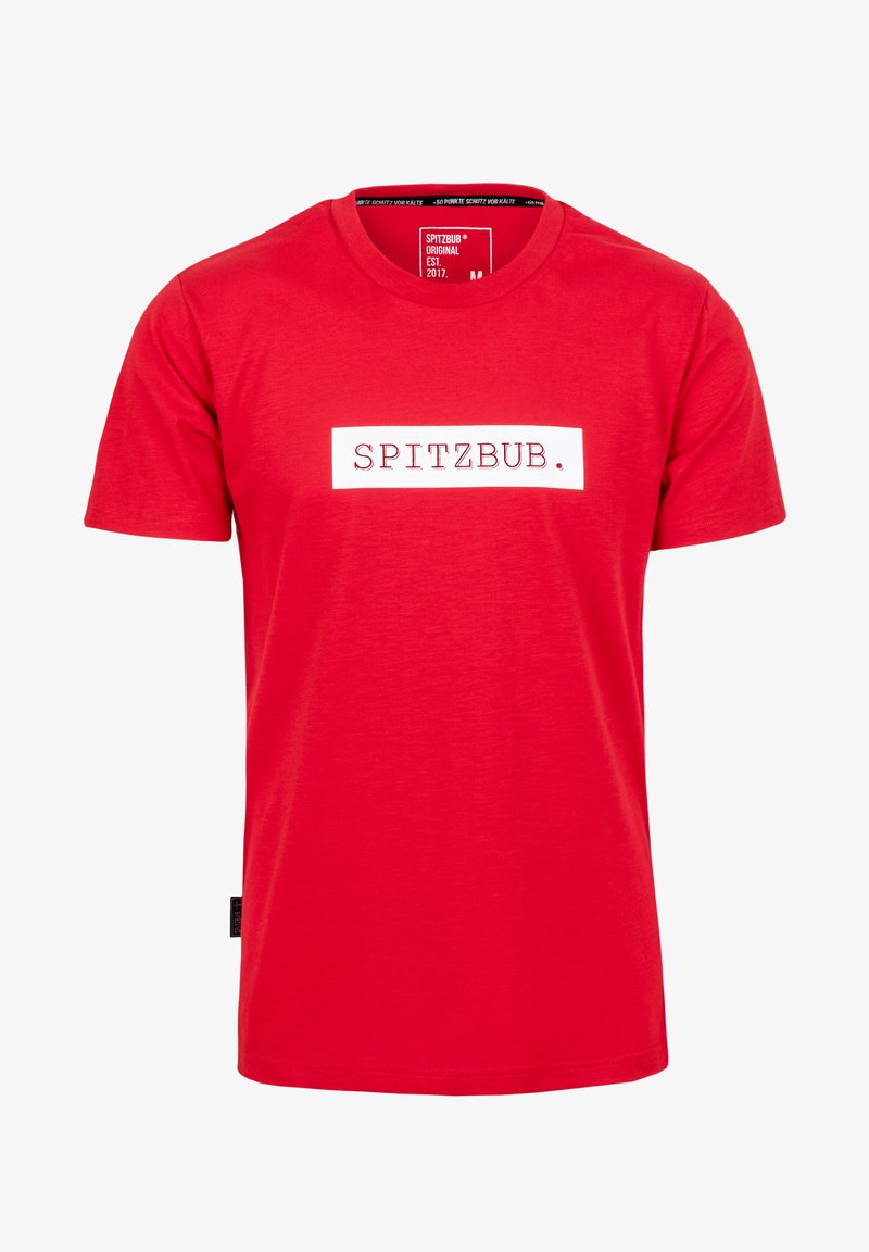 Rode katoenen T-shirt met een witte rechthoekige grafiek met de tekst "SPITZBUB." op de voorkant. Korte mouwen en een ronde hals.