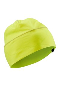 Yellow beanie made of stretchy fabric. Features a smooth texture and a seam along the top, with a small black label on the side.