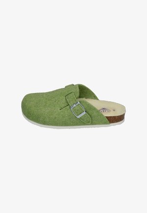 Green felt slip-on clog with adjustable silver buckle, cream inner lining, and cork sole, size 38.