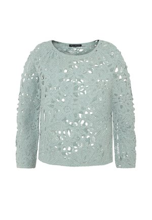 Pull bleu clair en crochet à manches longues avec motif floral en dentelle, col rond, étiquette Betty Barclay.