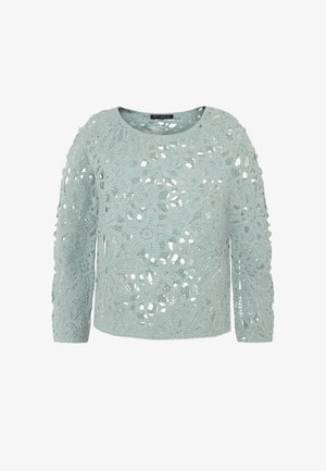 Pull bleu clair en crochet à manches longues avec motif floral en dentelle, col rond, étiquette Betty Barclay.