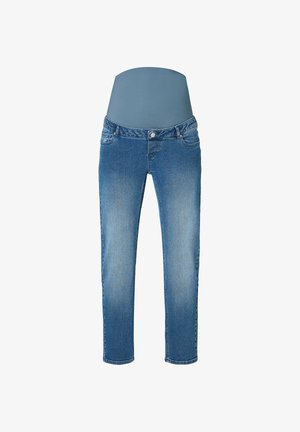 Jean en denim bleu avec une ceinture grise extensible, coupe slim et légère décoloration. Comprend cinq poches et une fermeture à bouton à l'avant.