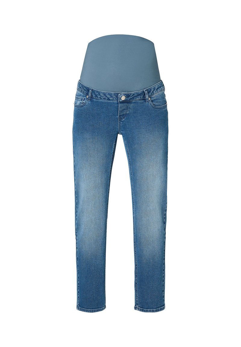 Blå denimjeans med en elastisk grå midjeband, slim fit och lätt urtvättning. Har fem fickor och stängning med knapp fram.