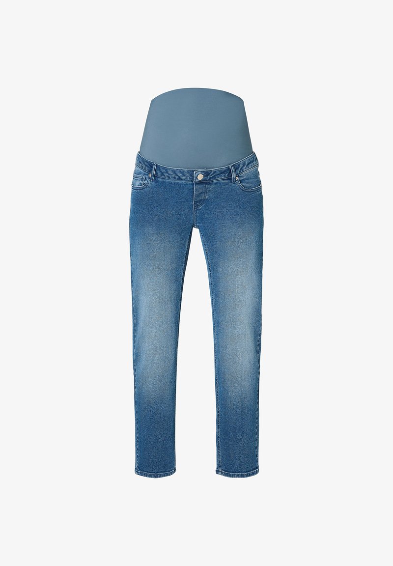 Blauwe denim jeans met een elastische grijze tailleband, slim fit en lichte vervaging. Beschikt over vijf zakken en een knoopsluiting aan de voorkant.