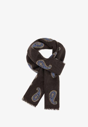 Mørkebrun tørklæde med et paisley-mønster i blå og cremefarve, med frynset kanter, fremstillet af et blødt, tekstureret stof.