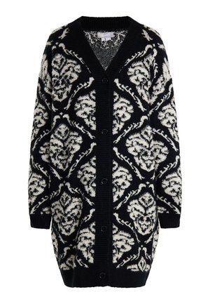 Juodas ir kreminis raštuotas kardiganas su V formos iškirpte, ilgomis rankovėmis ir mygtukais priekyje. Yra tekstūruota mezgimo struktūra ir floristiniai motyvai.