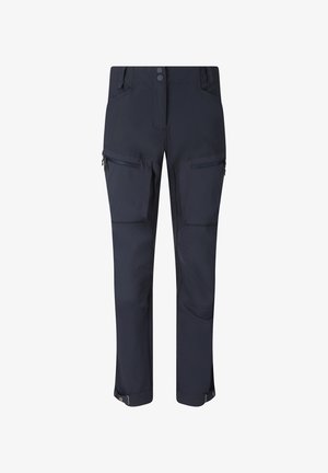 Mørk marineblå cargobukser med flere lynlåslommer, knaplukning ved taljen og justerbare ankelstropper.