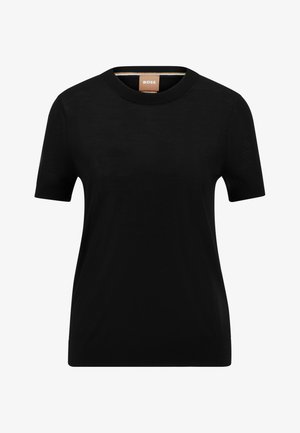 T-shirt preto de mangas curtas, feito de tecido leve, com gola redonda e uma textura subtil; logótipo BOSS na etiqueta interior.