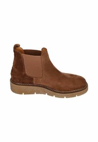 Brown suede Chelsea boot with elastic side panels, rounded toe, and textured rubber sole, featuring contrasting stitching along the edge.