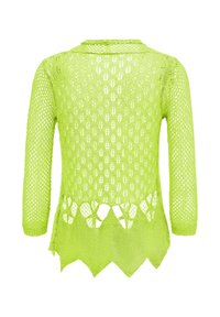 Maglione verde lime lavorato a maglia con design a treccia aperta, maniche lunghe e orlo ondulato con intagli a forma di diamante.