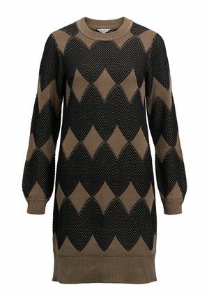 Strickkleid mit einem schwarz-braunen Diamantmuster, geripptem Rundhalsausschnitt und langen puffärmel. Der Stoff hat eine strukturierte Oberfläche.