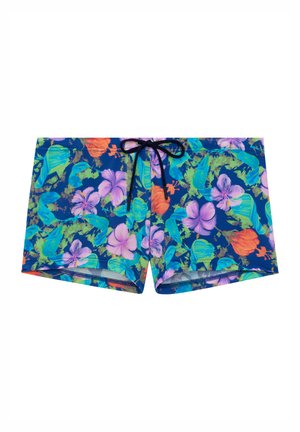 Herren-Badehose mit einem lebhaften tropischen Blumenmuster in Blau, Grün und Orange, ausgestattet mit einem schwarzen Kordelzug vorne.