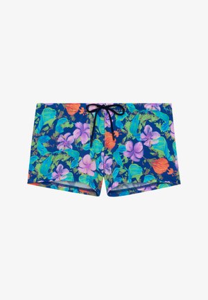 Shorts de bain pour hommes avec un motif floral tropical vibrant en bleu, vert et orange, dotés d'un cordon noir à l'avant.