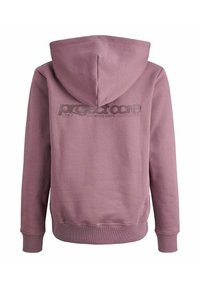 Hooded dukserica u prigušenoj ružičastoj tkanini, s teksturiranom pozadinom koja sadrži natpis "projectcore CREATIVE DEPT." Ribanasti manžeti i rub.