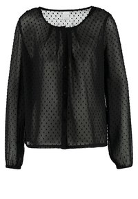 Blouse longue noire transparente à manches longues avec motif à pois, encolure ronde, boutonnage devant et poignets élastiqués.