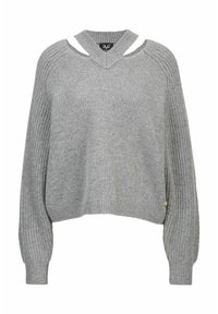 Grauer Strickpullover mit V-Ausschnitt und Schulterdurchbrüchen. Mit gerippten Ärmeln und einem enganliegenden Saum. Weiche Textur, lässiges, kurzes Design.