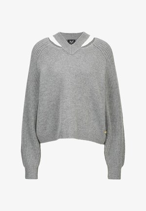 Grijze gebreide trui met een V-hals en schouderuitsneden. Heeft geribbelde mouwen en een aansluitende zoom. Zachte textuur, casual cropped ontwerp.