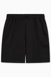 Svarte svetteshorts med elastisk midjebånd, to sidelommer og en teksturert logo-detalj nederst til venstre. Mykt bomullsmateriale.
