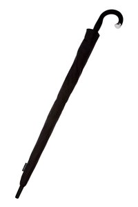 Czarny parasol z gładkim, zakrzywionym uchwytem, cylindrycznym trzonem i materiałowym pokryciem. Oferuje metalowy koniec na końcu uchwytu.