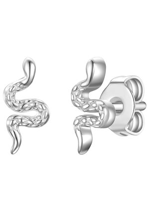 Silberne, schlangenförmige Steckerohrringe mit filigranen Details, die eine elegante Oberfläche und ein einzigartiges, fließendes Design aufweisen.