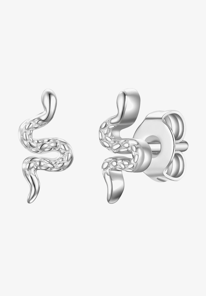 Sidabrinės gyvatės formos auskarai, puoštos išraiškingais akcentais, su sklandžiu paviršiumi ir unikaliu, tekantį dizainą.