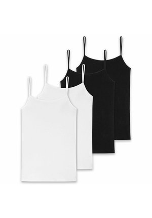Quatre hauts de camisole unis avec fines bretelles, deux noirs et deux blancs, disposés en superposition sur un fond blanc.