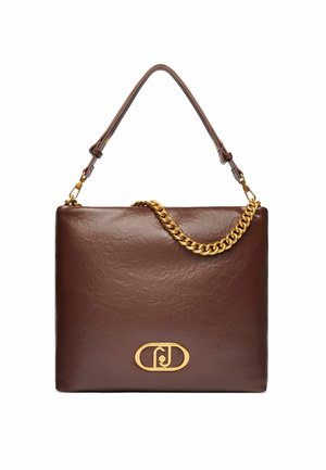 Bruin getextureerd leren handtas met een gouden kettingband en een plat rechthoekig formaat. Heeft een opvallend gouden logo aan de voorkant.