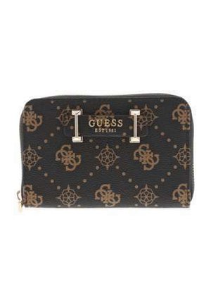 Black Guess zip-around wallet with brown patterned logos and gold-tone hardware, featuring "GUESS EST. 1981" on front plaque.