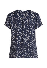 Blusa a maniche corte di colore blu navy con un motivo astratto di foglie bianche, dotata di scollatura rotonda e piega centrale sulla schiena per un tocco di stile.