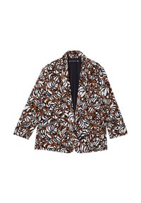 Zwart-witte blazer met een bloemenpatroon in oranje, voorzien van een sjawlcollar en twee voorzakken met rits. Glad materiaal met lange mouwen.