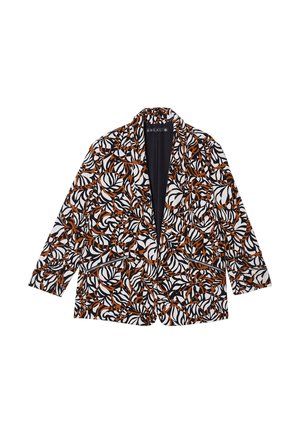 Blazer in bianco e nero con un motivo floreale arancione, colletto a scialle e due tasche frontali con zip. Tessuto liscio con maniche lunghe.
