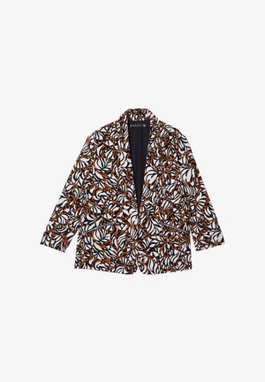 Zwart-witte blazer met een bloemenpatroon in oranje, voorzien van een sjawlcollar en twee voorzakken met rits. Glad materiaal met lange mouwen.