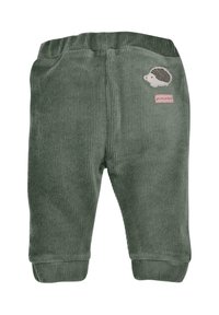 Grüne Cordhosen mit elastischem Bund, gerippter Textur und einem Igel-Patch auf der Vorderseite, das ein kleines pinkes Etikett mit der Aufschrift "Du bist geliebt" trägt.