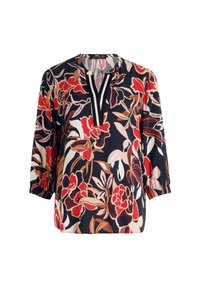 Bloes met bloemenpatroon in rood, roze en crème op een marineblauwe achtergrond. Driekwart mouwen met een V-hals en elastische manchetten.