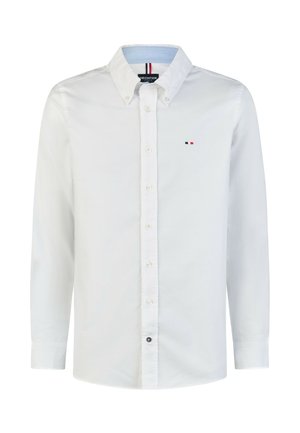 Weißes langärmliges Hemd mit Knopfleiste, Button-Down-Kragen und kleinem rot-weiß-blauem Logo auf der linken Brust.