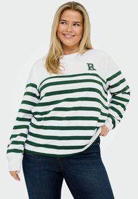 Sweatshirt à manches longues avec des rayures horizontales vertes et blanches, doté d'un petit logo 'R' vert sur la poitrine et d'une coupe décontractée.