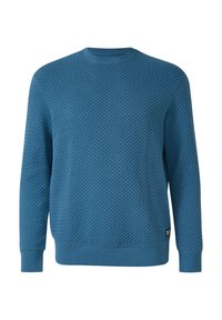 Niebieski sweter o teksturze wykonany z dzianiny. Posiada okrągły dekolt, długie rękawy, ściągacze na mankietach oraz wzór tkany na przodzie.