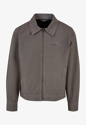 Grau, Reißverschlussjacke mit spitzem Kragen, frontalem Reißverschluss und Seitentaschen. Aus glattem Stoff mit minimalistischem Design.