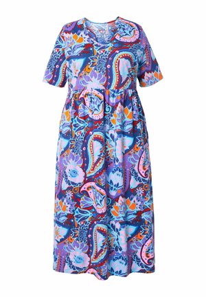 Midi šaty s krátkými rukávy, výstřihem do V a živým paisley květinovým vzorem v fialových, modrých, růžových, oranžových a červených tónech.