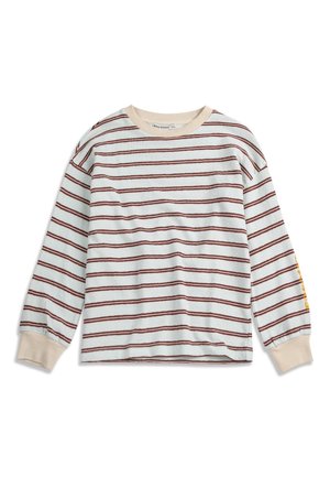 Long-sleeve white shirt with thin horizontal red stripes, beige collar and cuffs, and yellow text detail on the right sleeve.