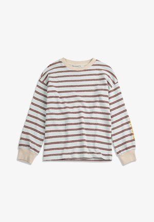 Long-sleeve white shirt with thin horizontal red stripes, beige collar and cuffs, and yellow text detail on the right sleeve.