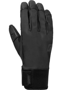 Schwarzer Sporthandschuh aus synthetischem Material mit strukturiertem Griff, verstellbarem Handgelenkband und verstärkten Fingerspitzen für Haltbarkeit.