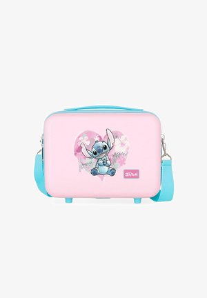 Bolso de hombro para niños en rosa y azul con el personaje Stitch sentado dentro de un corazón floral con el texto "te quiero" y correa desmontable.