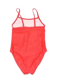 Maillot de bain une pièce rouge avec des bretelles fines et un panneau en maille à pois dans le dos. Tissu lisse et design ajusté, adapté aux activités aquatiques.