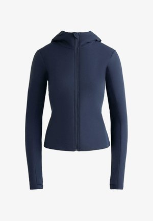 Marineblauw nauwsluitend jack met capuchon, lange mouwen en ritssluiting aan de voorkant. Glad, rekbaar materiaal zonder zichtbare naden of patronen.