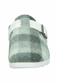 Green and gray checked felt clog with a white band, metal buckle, and a textured finish, featuring a rounded toe and sturdy white sole.