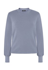 Pull en tricot bleu clair avec manches longues texturées semi-transparentes et poignets et col côtelés, vue de face, sans arrière-plan.