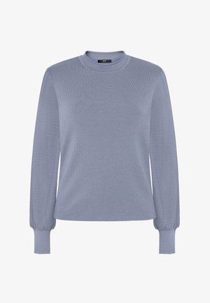 Svetlomodrý pletený sveter s dlhými, čiastočne priehľadnými textúrovanými rukávmi a rebrovanými manžetami a golierom, pohľad spredu, bez pozadia.