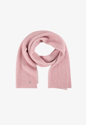 Ribbed pink scarf made of soft material, featuring a continuous loop design and a small logo accent at one end.