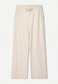 Beige wide-leg trousers with an elastic waistband, drawstring detail, and side pockets. Smooth fabric with no patterns or accents.